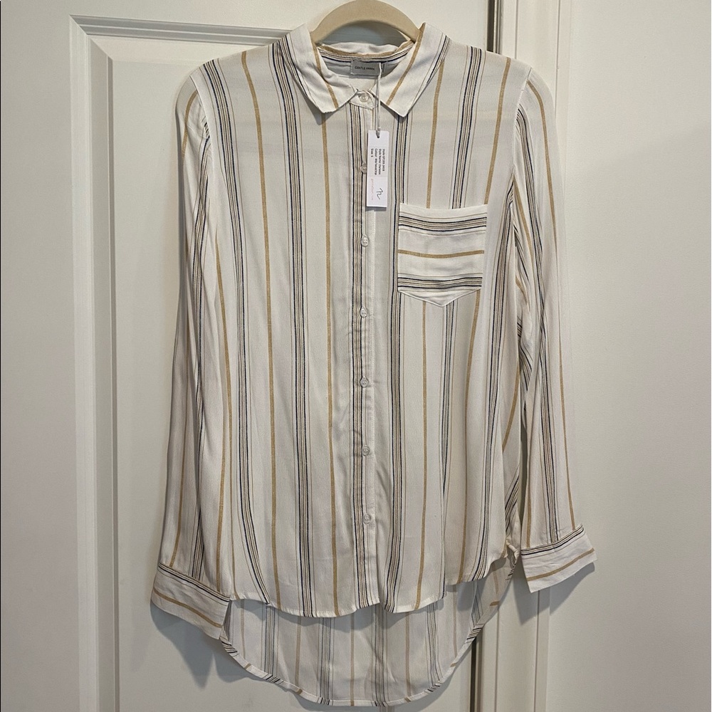 White Button Down with Yellow and Navy Stripes